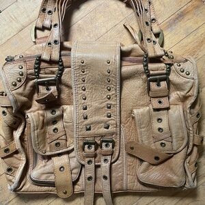 RARE Betsey Johnson Rockstar Gold Leather Studded Shoulder Bag/Hobo